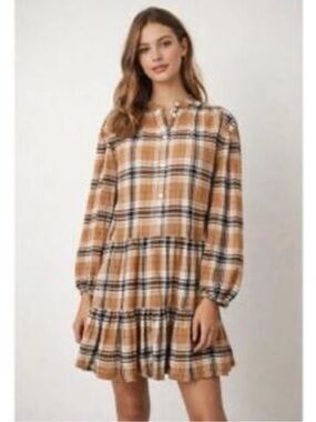 NWT Gap Plaid Long-Sleeve Ruffle Hem Dress - Tan Plaid in XSMALL